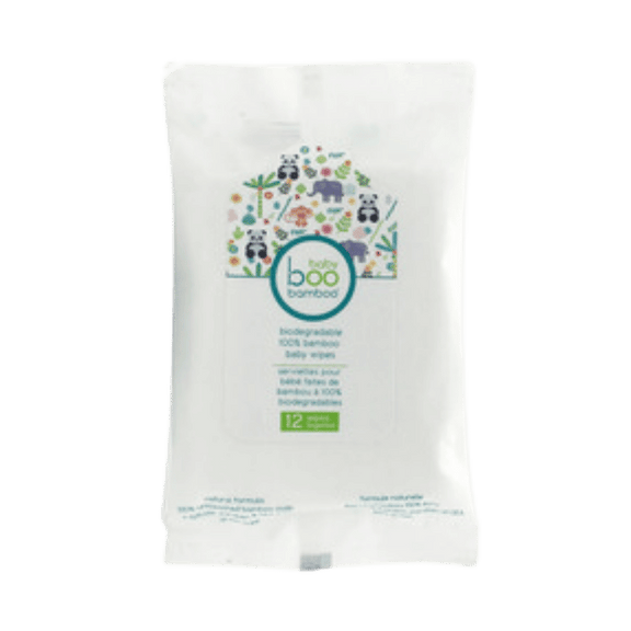Baby Boo Bamboo 12-pack of travel baby wipes in a white container with green writing and resealable packaging.