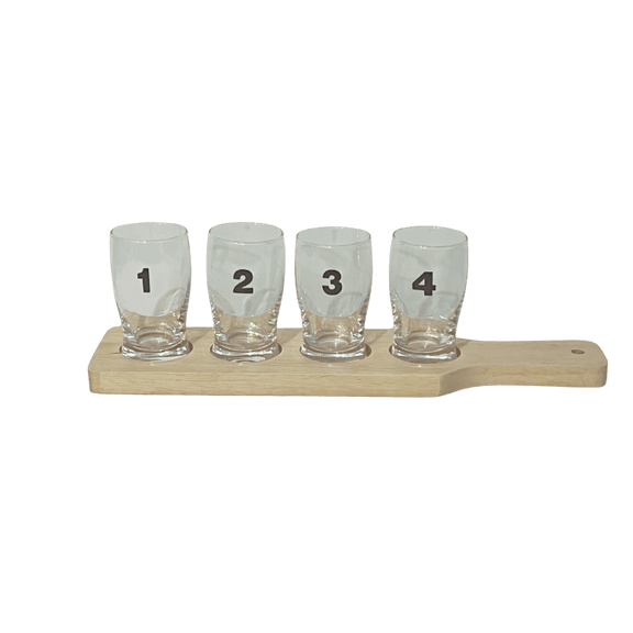 Wooden beer flight board with numbered mini glasses arranged from 1 to 4.