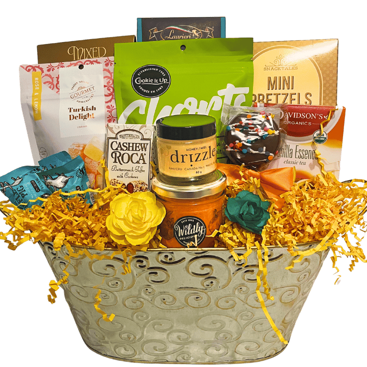 Bright Thanks gift basket with artisan snacks, chocolates, tea, and local honey, ideal for thank-you gifting in Calgary