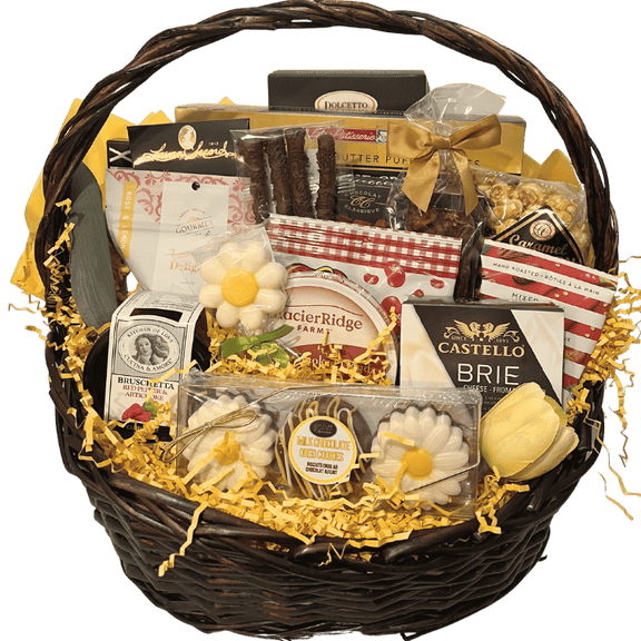 A bright, cheerful gift basket including cheese, chocolate, crackers, popcorn, and candy, all displayed in a large wicker basket.