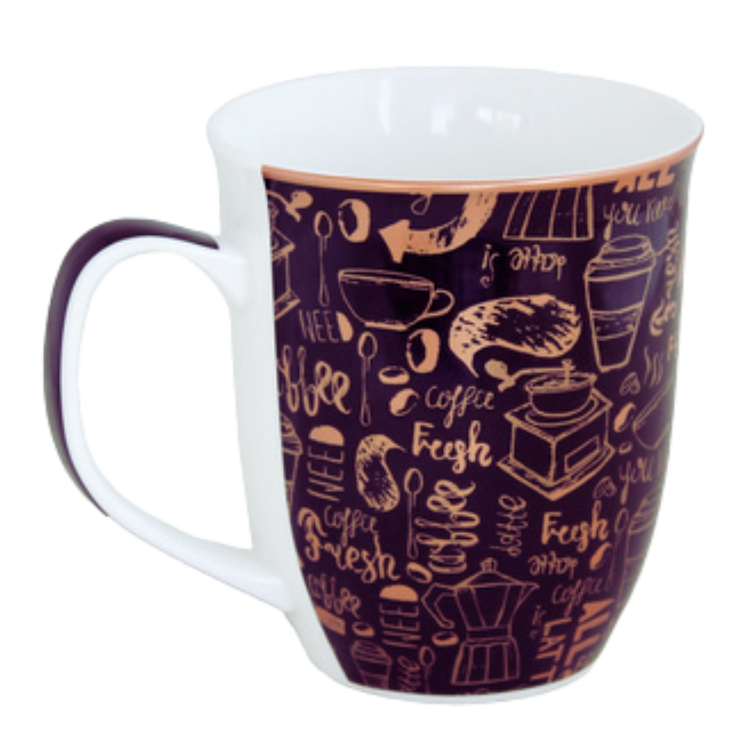 White ceramic coffee mug adorned with black and copper coffee-themed designs, including words like 'java' and 'fresh,' and illustrated with various coffee images.
