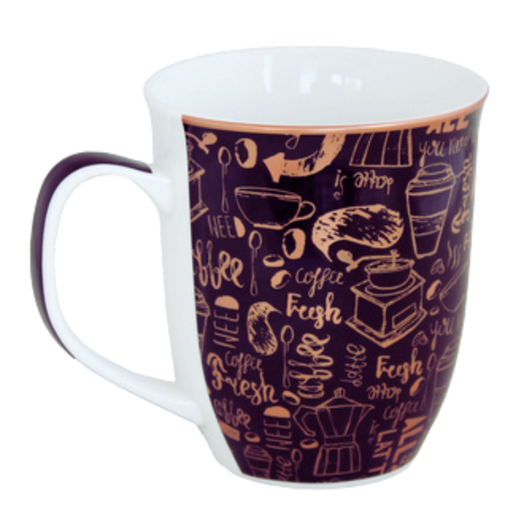 White ceramic coffee mug adorned with black and copper coffee-themed designs, including words like 'java' and 'fresh,' and illustrated with various coffee images.