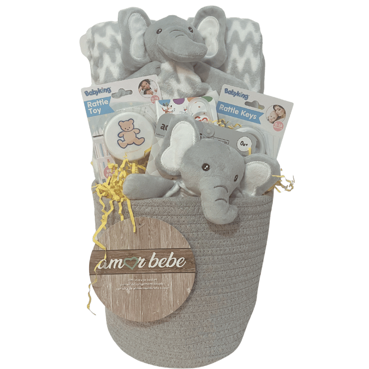 Baby gift basket with plush elephants, toys  that is ideal for baby gifting or baby showers