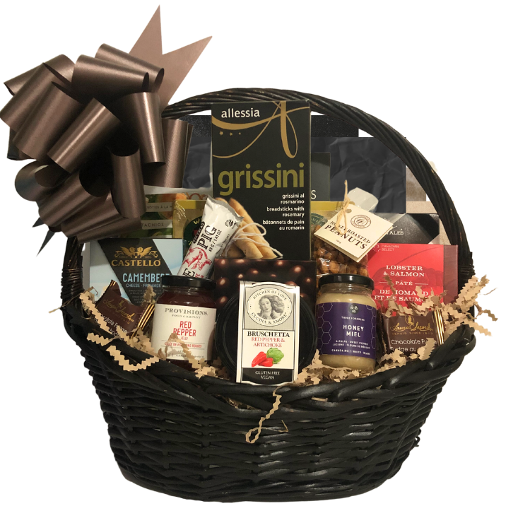Gourmet gift basket with smoked salmon, cheese, chocolate, and artisan treats