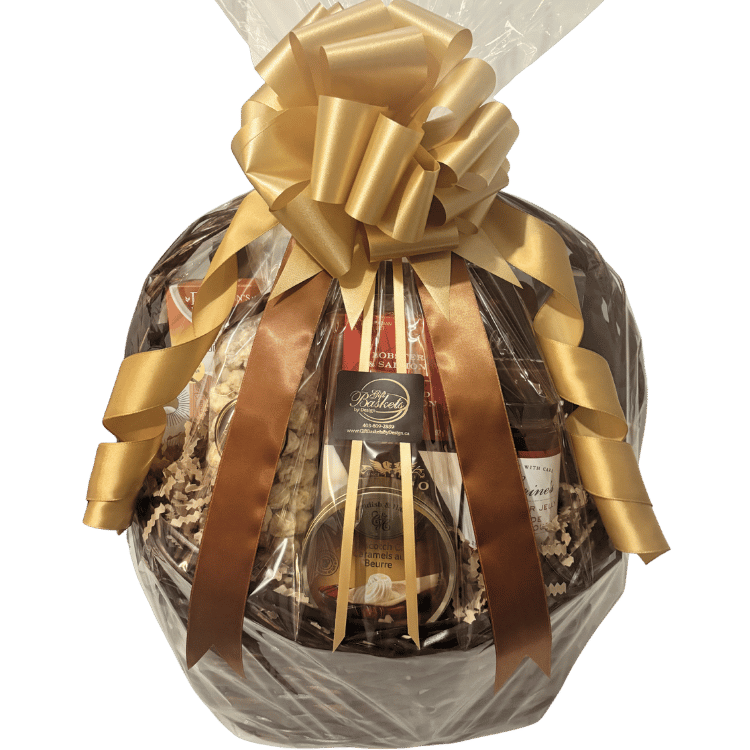 Luxury gourmet gift basket featuring artisan Canadian cheeses, smoked salmon pâté, handcrafted chocolates, gourmet crackers, specialty coffee, premium tea, popcorn, preserves, and entertaining favourites, beautifully presented for local Calgary gift delivery.