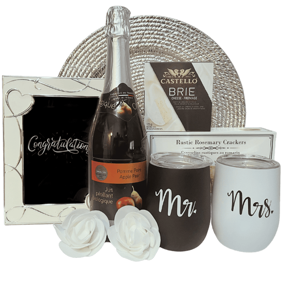 Non-alcoholic engagement gift with sparkling organic juice, cheese and crackers, and customizable wine tumblers for all couples