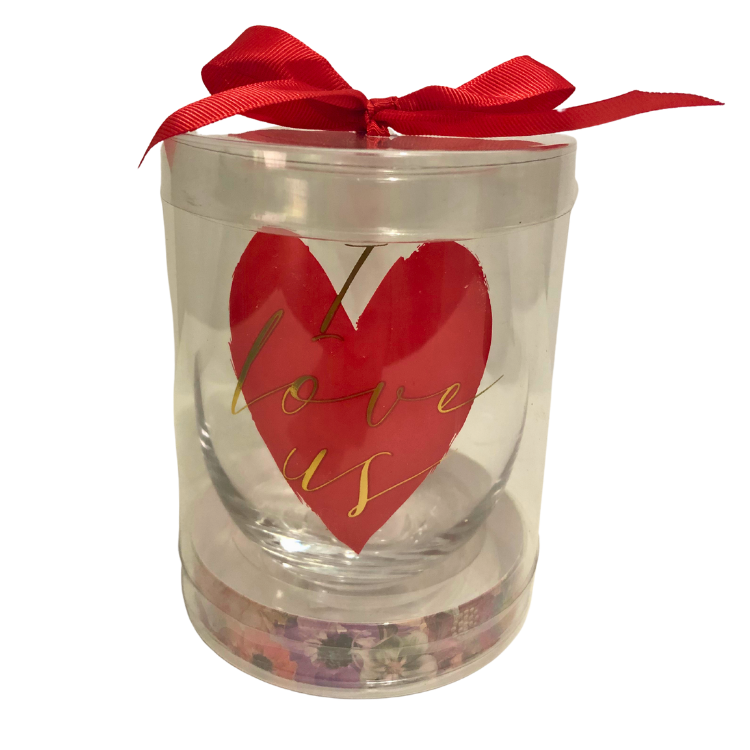“I Love Us” stemless wine glass add-on displayed in a clear gift box with red bow