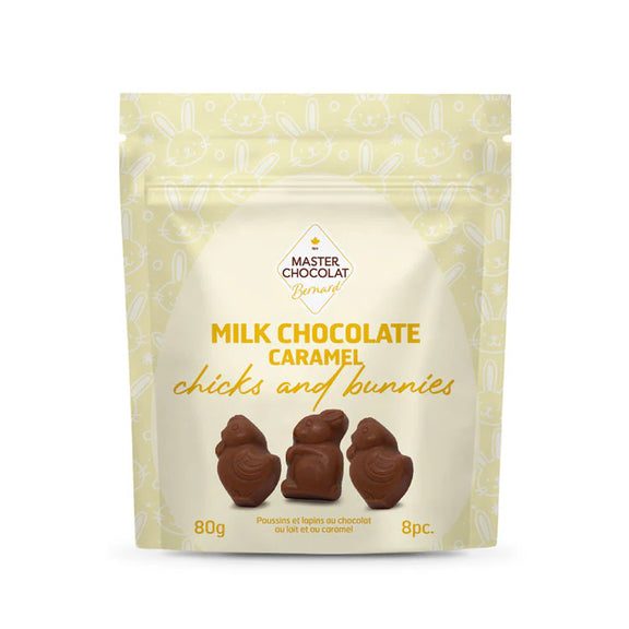 Milk chocolate caramel bunnies and chicks by Master Chocolat, shaped into adorable Easter characters and wrapped for springtime gifting.