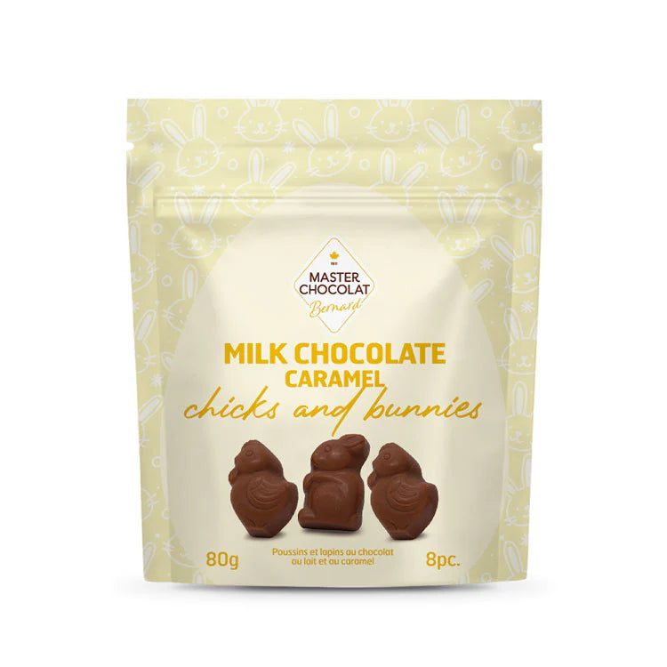 Milk chocolate caramel bunnies and chicks by Master Chocolat, shaped into adorable Easter characters and wrapped for springtime gifting.