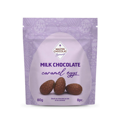 Smooth milk chocolate caramel-filled Easter eggs by Master Chocolat, wrapped in cheerful packaging for Easter gifting.