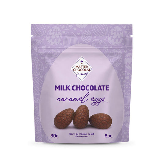 Smooth milk chocolate caramel-filled Easter eggs by Master Chocolat, wrapped in cheerful packaging for Easter gifting.