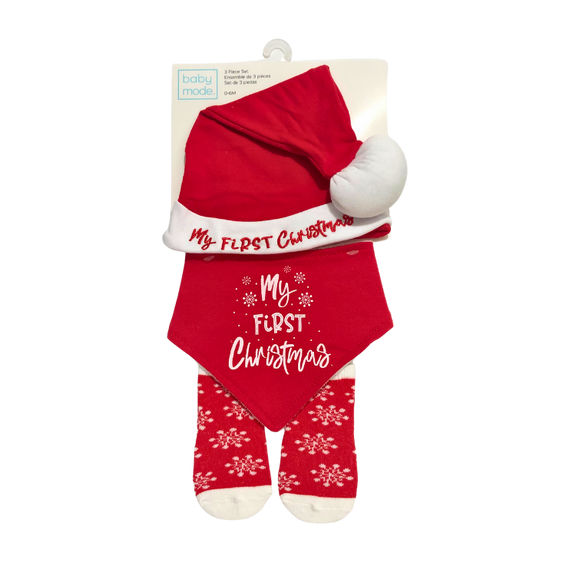Adorable 3-piece baby Christmas set featuring a “My First Christmas” bib, hat, and snowflake socks, displayed on a soft holiday background.