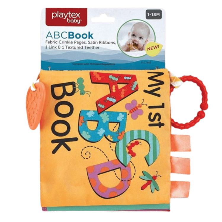 Playtex baby ABC book with orange crinkle pages and teether.