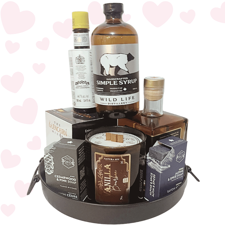 Old Fashioned Love Valentine’s Day whiskey gift featuring Glencairn glass, Calgary-made bourbon, bitters, and optional spa add-ons
