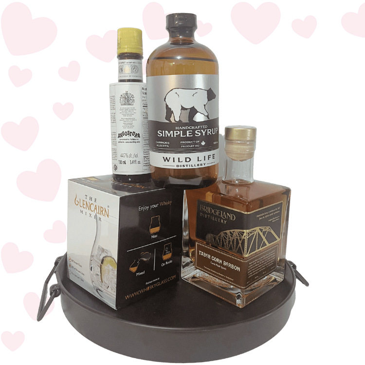 Old Fashioned Love Valentine’s Day whiskey gift featuring Glencairn glass, Calgary-made bourbon, bitters, and optional spa or chocolate add-ons