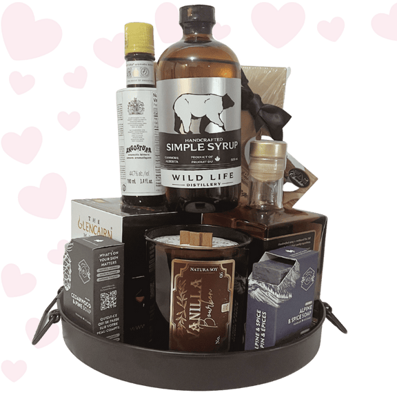 Old Fashioned Love Valentine’s Day whiskey gift featuring Glencairn glass, Calgary-made bourbon, bitters, and spa & chocolate add-ons