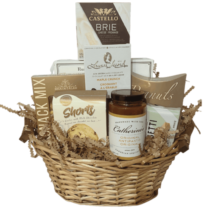 Elegant sympathy gift basket featuring gourmet chocolates, shortbread cookies, brie cheese, antipasto, premium snacks, and coffee, presented in a neutral and comforting style