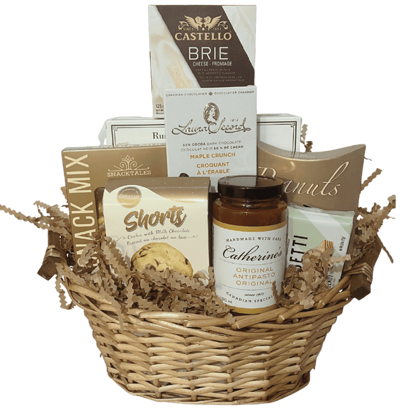 Elegant sympathy gift basket featuring gourmet chocolates, shortbread cookies, brie cheese, antipasto, premium snacks, and coffee, presented in a neutral and comforting style