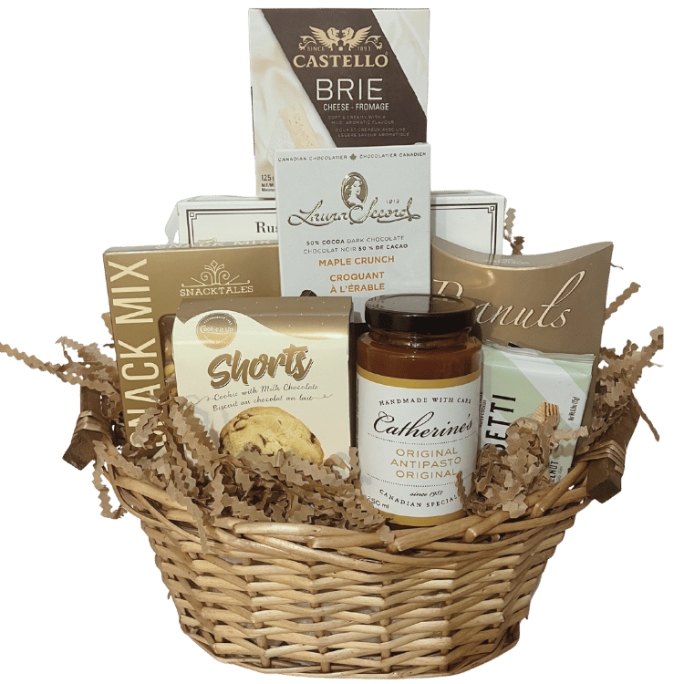 Elegant sympathy gift basket featuring gourmet chocolates, shortbread cookies, brie cheese, antipasto, premium snacks, and coffee, presented in a neutral and comforting style