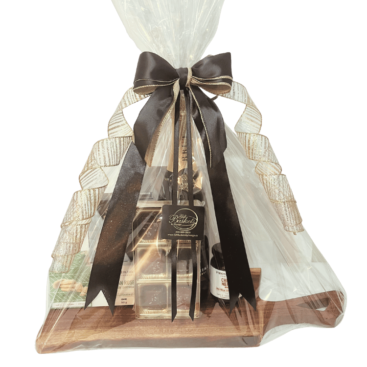 Perfect Wine Pairings Gift Basket wrapped with gold and black ribbons and bows with cellophane, available for local delivery in Calgary and surrounding areas