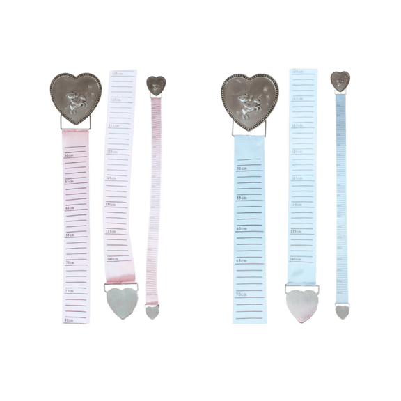 Pewter heart baby growth chart in blue or pink design, displayed as a keepsake baby gift basket add-on.
