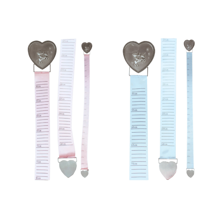 Pewter heart baby growth chart in blue or pink design, displayed as a keepsake baby gift basket add-on.
