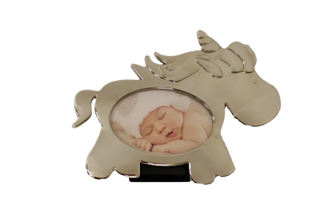 “Splash” Silver Unicorn Baby Picture Frame displayed with gift-ready packaging, polished silver finish and whimsical design