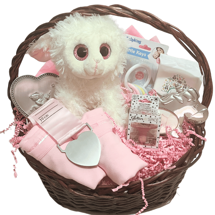 Unwrapped view: pink basket contents displayed including plush lamb, bodysuits, rattle, pacifier, wipes, frame, and growth chart