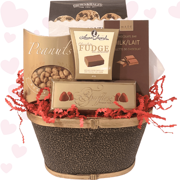 Sweet Sentiments Valentine’s Day Gift featuring a curated assortment of gourmet chocolates and sweet treats, elegantly packaged for Valentine’s Day.