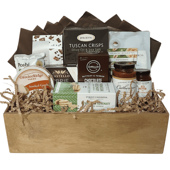 Calgary gourmet gift crate in a locally made wooden box, filled with artisan cheeses, crackers, chocolates, nuts, and Canadian-made gourmet treats