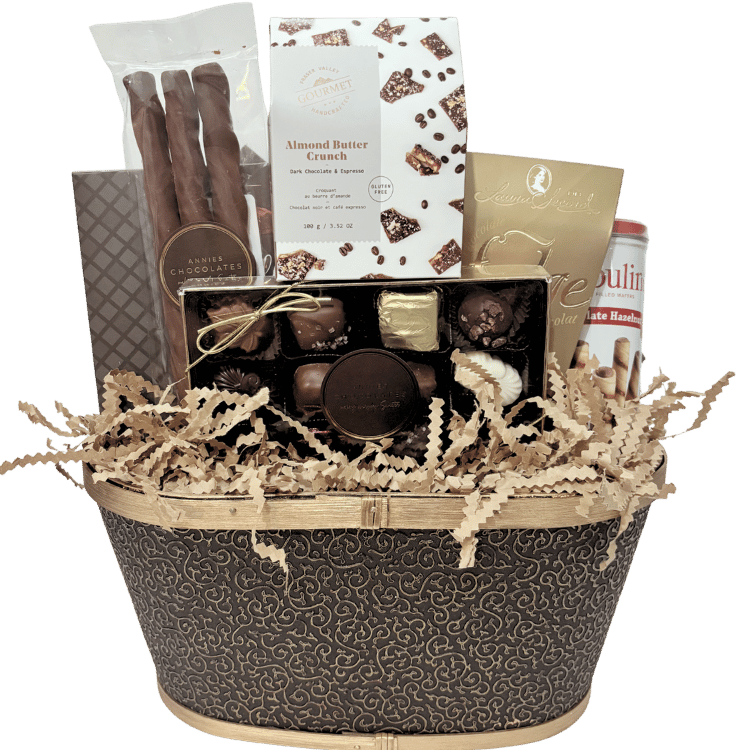 An elegant chocolate gift basket filled with premium boxed chocolates, gourmet truffles, chocolate wafers, buttery shortbread, handcrafted fudge, almond butter crunch, beautifully displaying contents unwrapped.