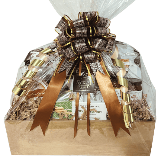 Calgary gourmet gift crate in a locally made wooden box, wrapped with neutral ribbons and bows, filled with artisan cheeses, crackers, chocolates, nuts, and Canadian-made gourmet treats