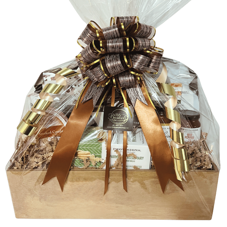 Calgary gourmet gift crate in a locally made wooden box, wrapped with neutral ribbons and bows, filled with artisan cheeses, crackers, chocolates, nuts, and Canadian-made gourmet treats