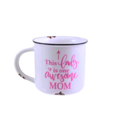 White ceramic mug with pink writing that reads "This Lady is One Awesome Mom", styled as a gift add-on