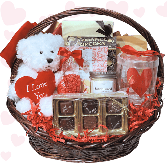 Timeless Romantic Valentine’s Day gift basket with plush teddy bear, artisan chocolates, caramel popcorn, Turkish delight, spa bath soak, candle, and romantic wine glass