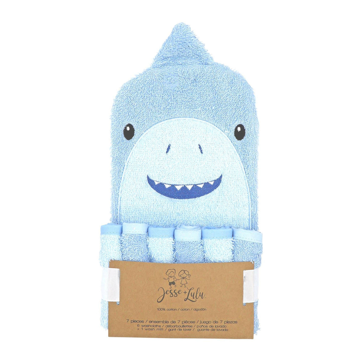 Blue Shark baby bath mitt and washcloth set packaged for gifting — features blue shark mitt and six matching blue cloths.