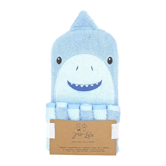 Blue Shark baby bath mitt and washcloth set packaged for gifting — features blue shark mitt and six matching blue cloths.