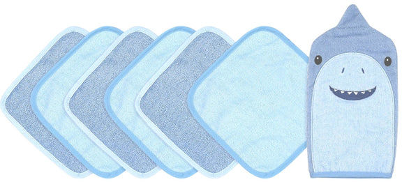 Unboxed Blue Shark baby washcloth gift set — includes playful shark mitt and six blue washcloths neatly displayed.