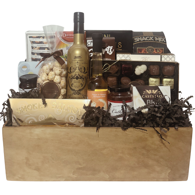 Luxury Calgary gift basket filled with artisan cheeses, smoked salmon, gourmet pantry specialties, coffee, tea and chocolates.