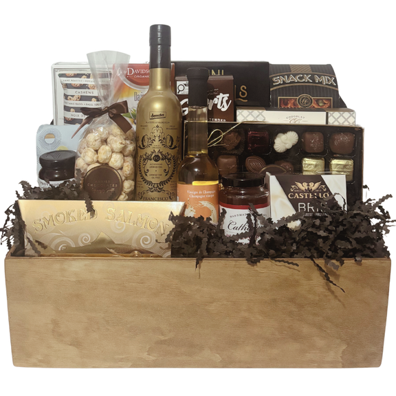Luxury Calgary gift basket filled with artisan cheeses, smoked salmon, gourmet pantry specialties, coffee, tea and chocolates.