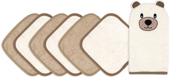 Unboxed Ivory Bear baby washcloth gift set — includes soft ivory bear mitt and six cream-coloured washcloths shown in full.