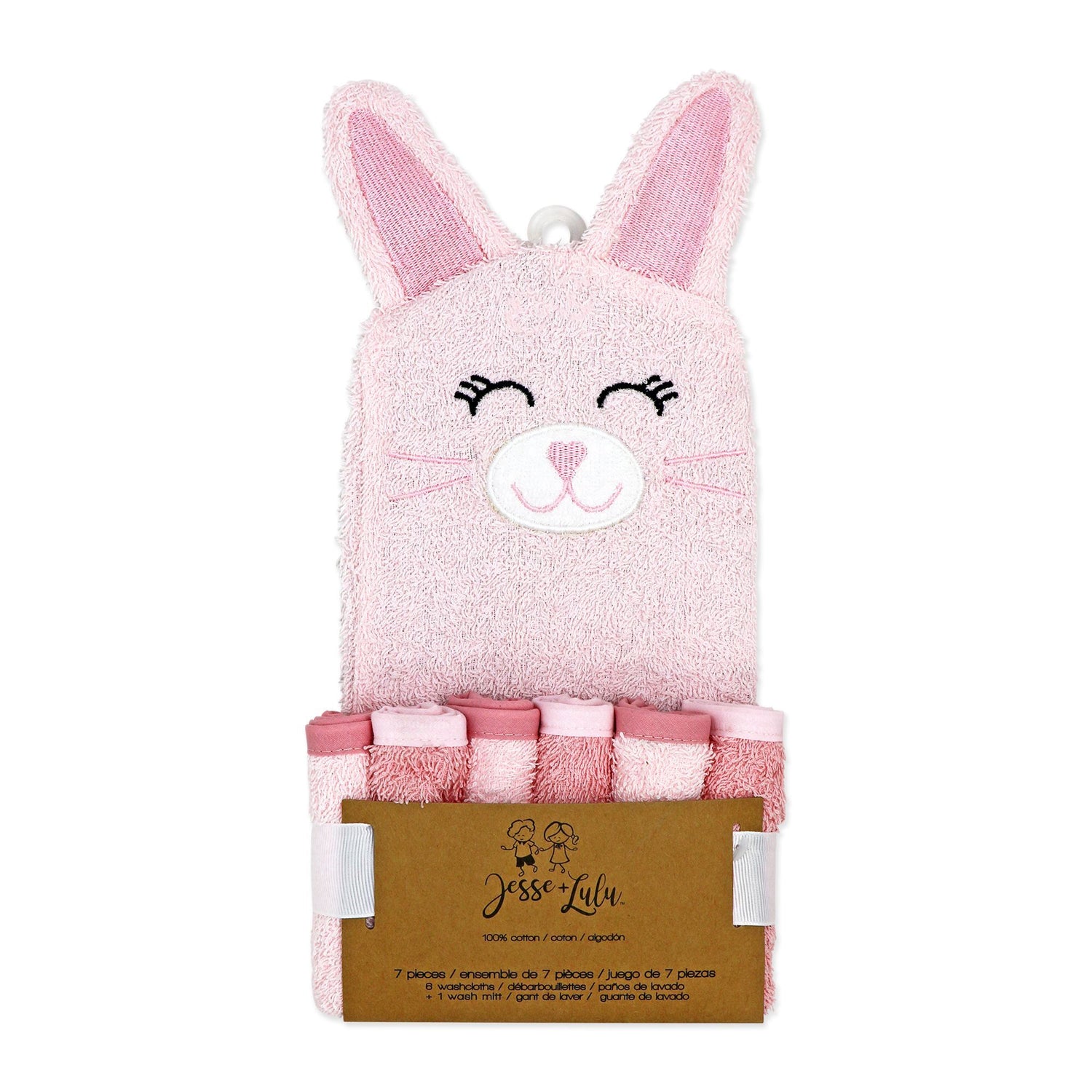 Pink Bunny baby bath mitt and washcloths set packaged for gifting — features a pink bunny mitt and six soft pink cloths.