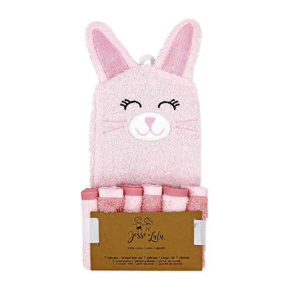 Pink Bunny baby bath mitt and washcloths set packaged for gifting — features a pink bunny mitt and six soft pink cloths.