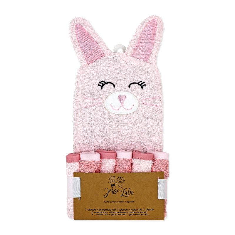 Pink Bunny baby bath mitt and washcloths set packaged for gifting — features a pink bunny mitt and six soft pink cloths.