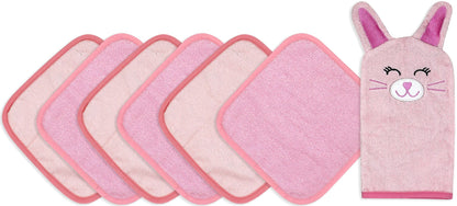 Unboxed Pink Bunny baby washcloth gift set — includes pink bunny bath mitt and six pink washcloths laid out for display.