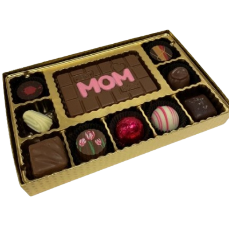 A premium chocolate box from "Andea Chocolate" labelled “Best Mom Ever,” featuring milk and white chocolates, styled as a heartfelt Mother’s Day gift add-on.