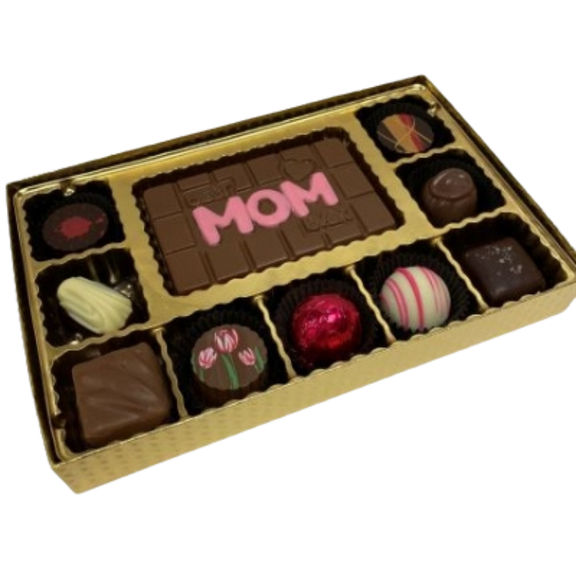 A premium chocolate box from "Andea Chocolate" labelled “Best Mom Ever,” featuring milk and white chocolates, styled as a heartfelt Mother’s Day gift add-on.