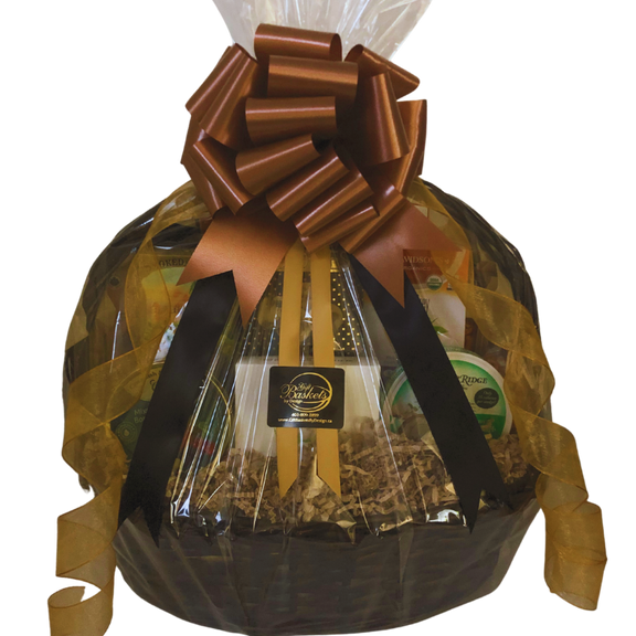 The Gourmet Feast gift basket with cheese, crackers, tea, cookies, and chocolate, perfect for group gifting in Calgary