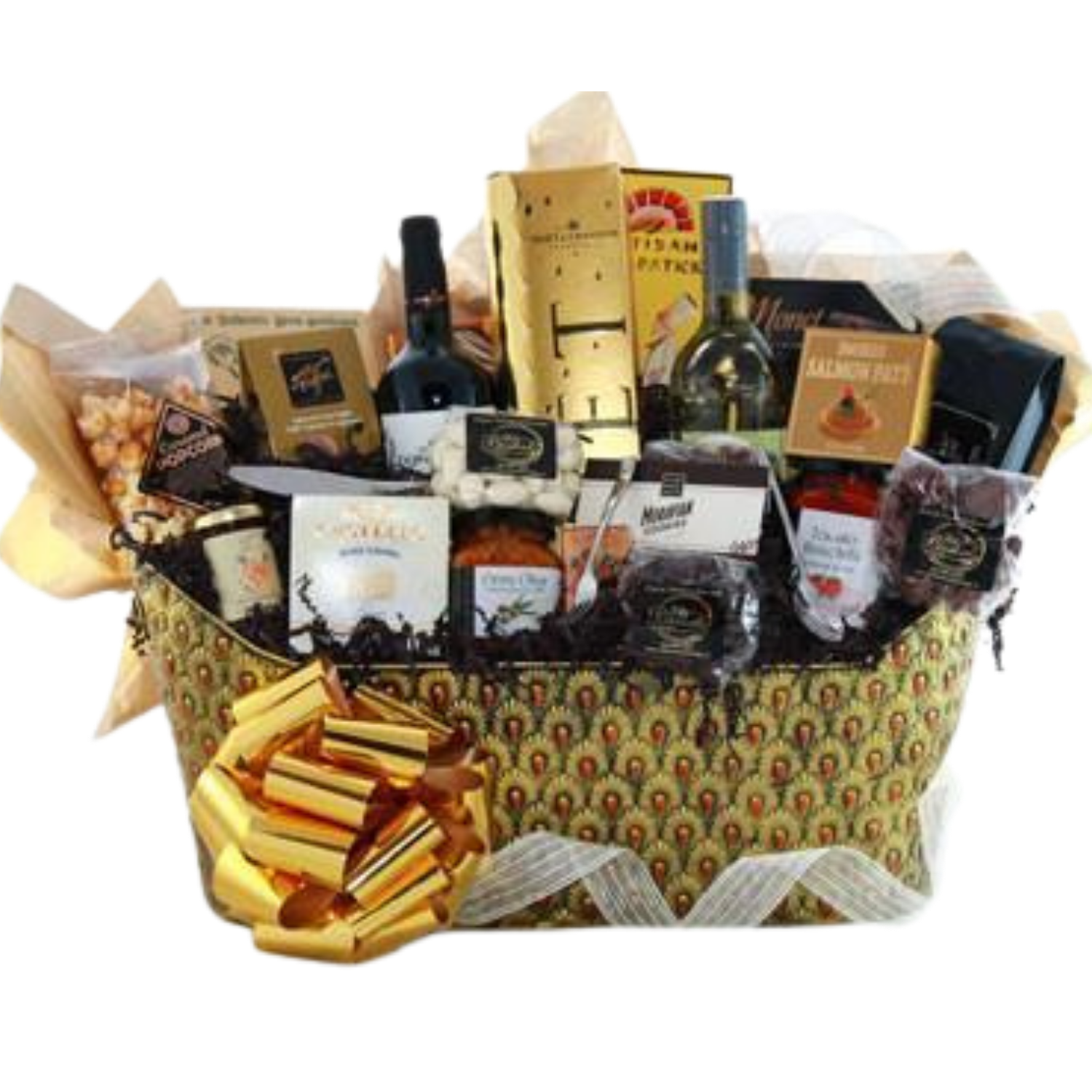 Luxury gift basket with wine, chocolates, cheese, crackers, and premium local treats arranged for Calgary gifting
