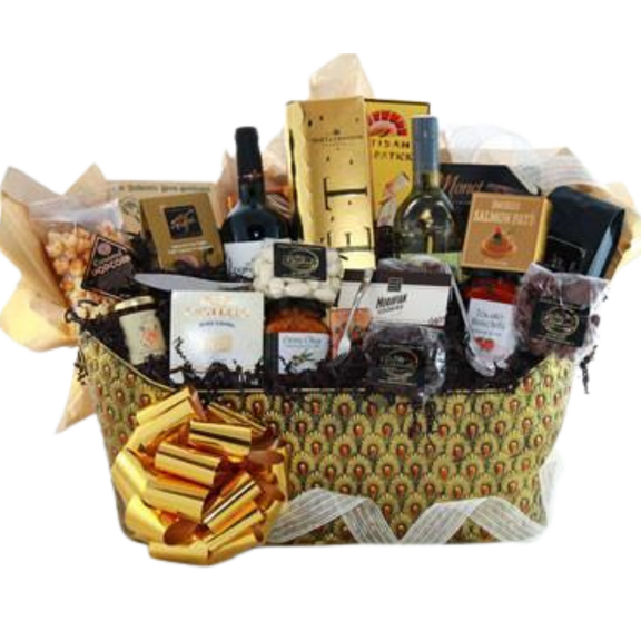 Luxury gift basket with wine, chocolates, cheese, crackers, and premium local treats arranged for Calgary gifting